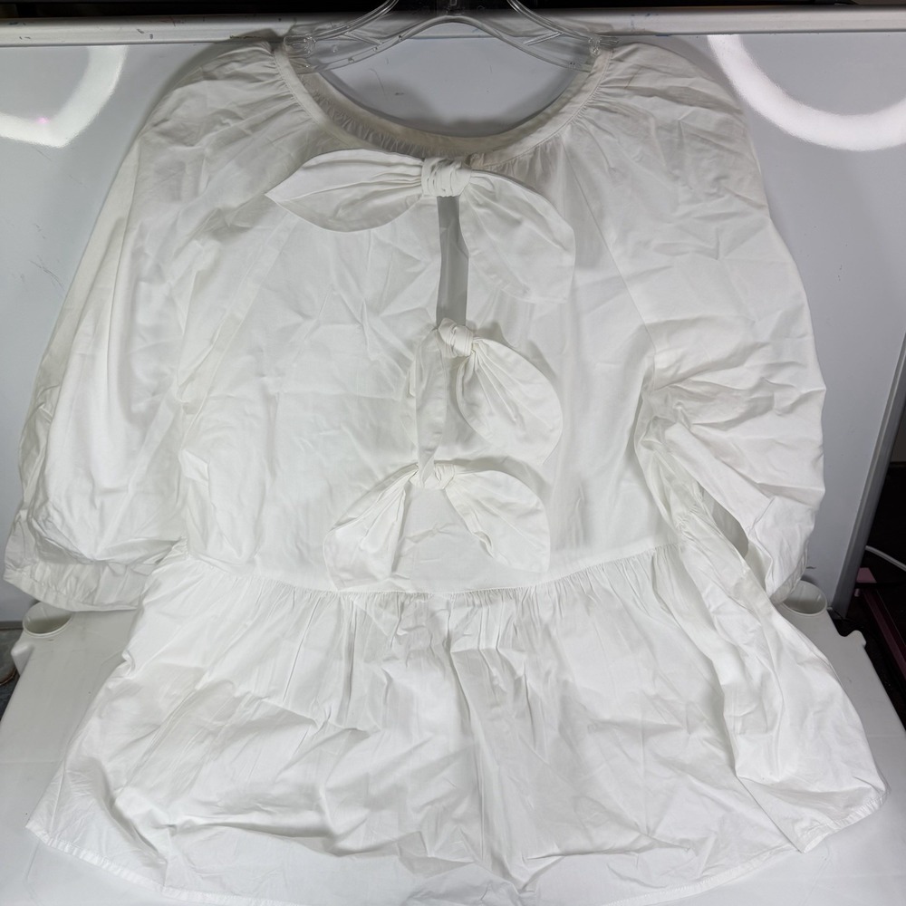 MUDPIE WHITE DRAMATIC PUFFY‎ SLEEVE T-SHIRT TOP-SIZE LARGE BOWS DRESS UP CLASSY